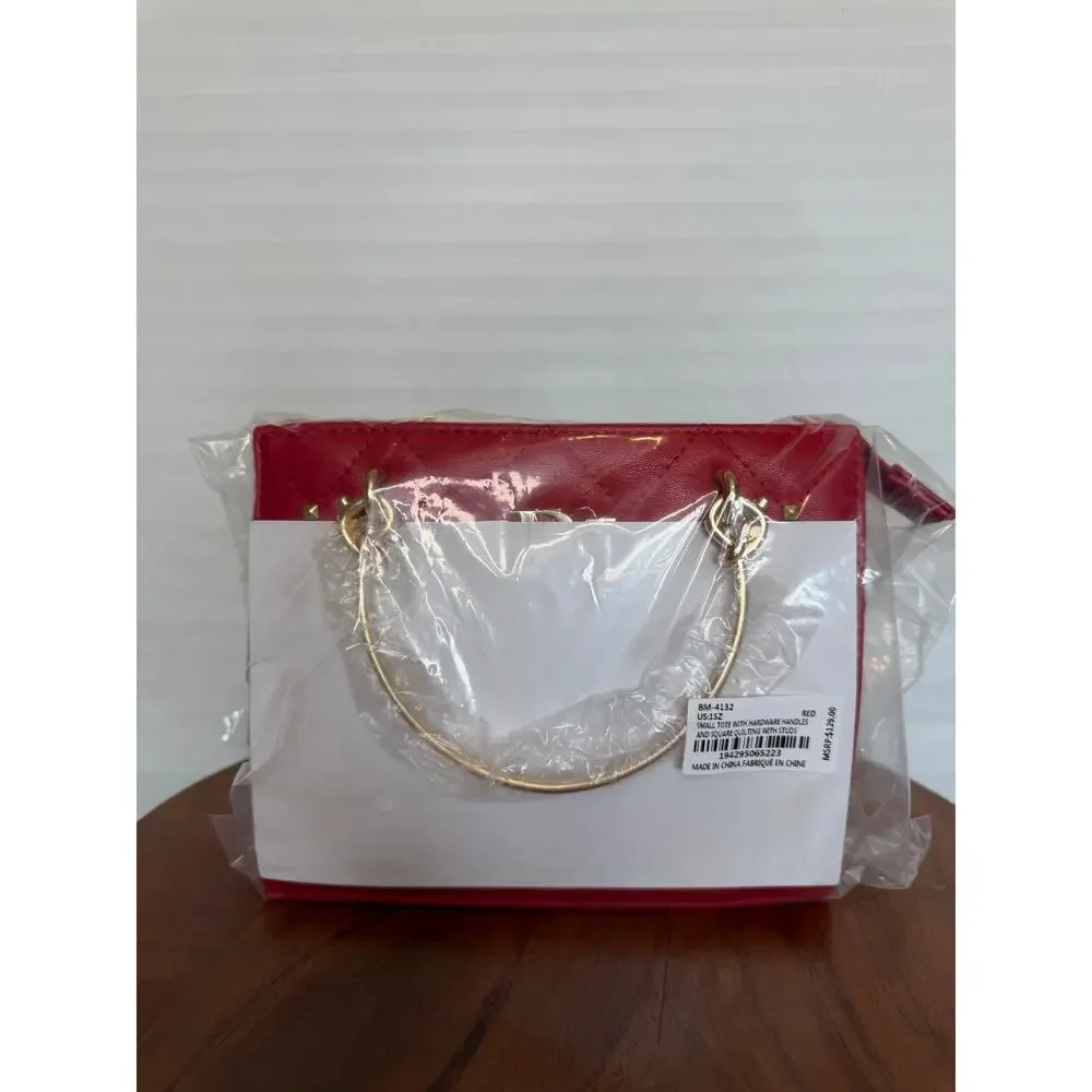 Badgley Mischka Red Quilted Studded Top Handle Satchel Crossbody NWT $129